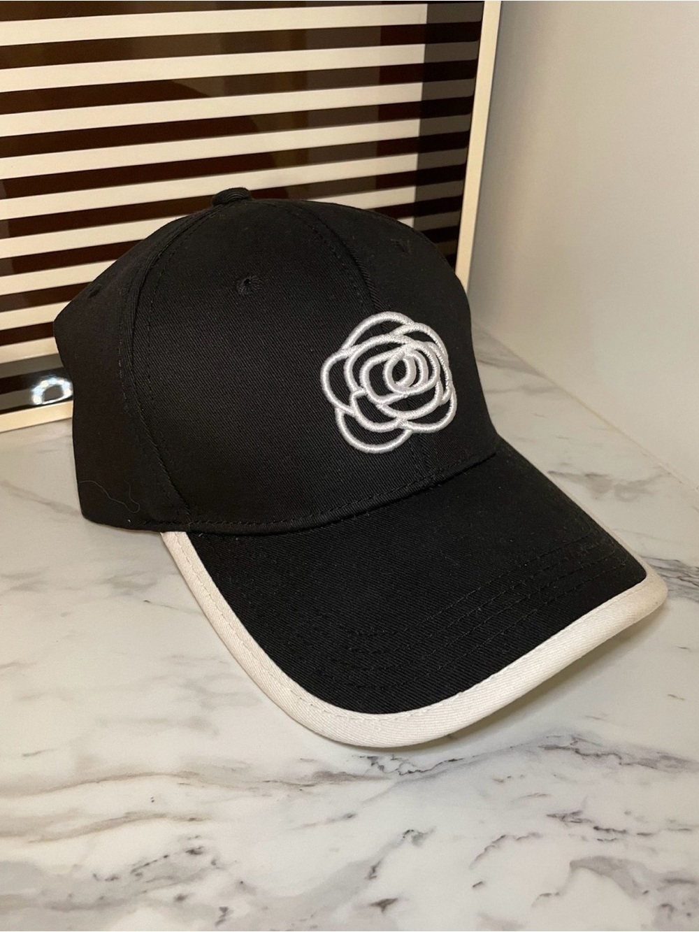 Black Baseball Cap with White Camellia Flower Embroidery - Picture 3 of 3